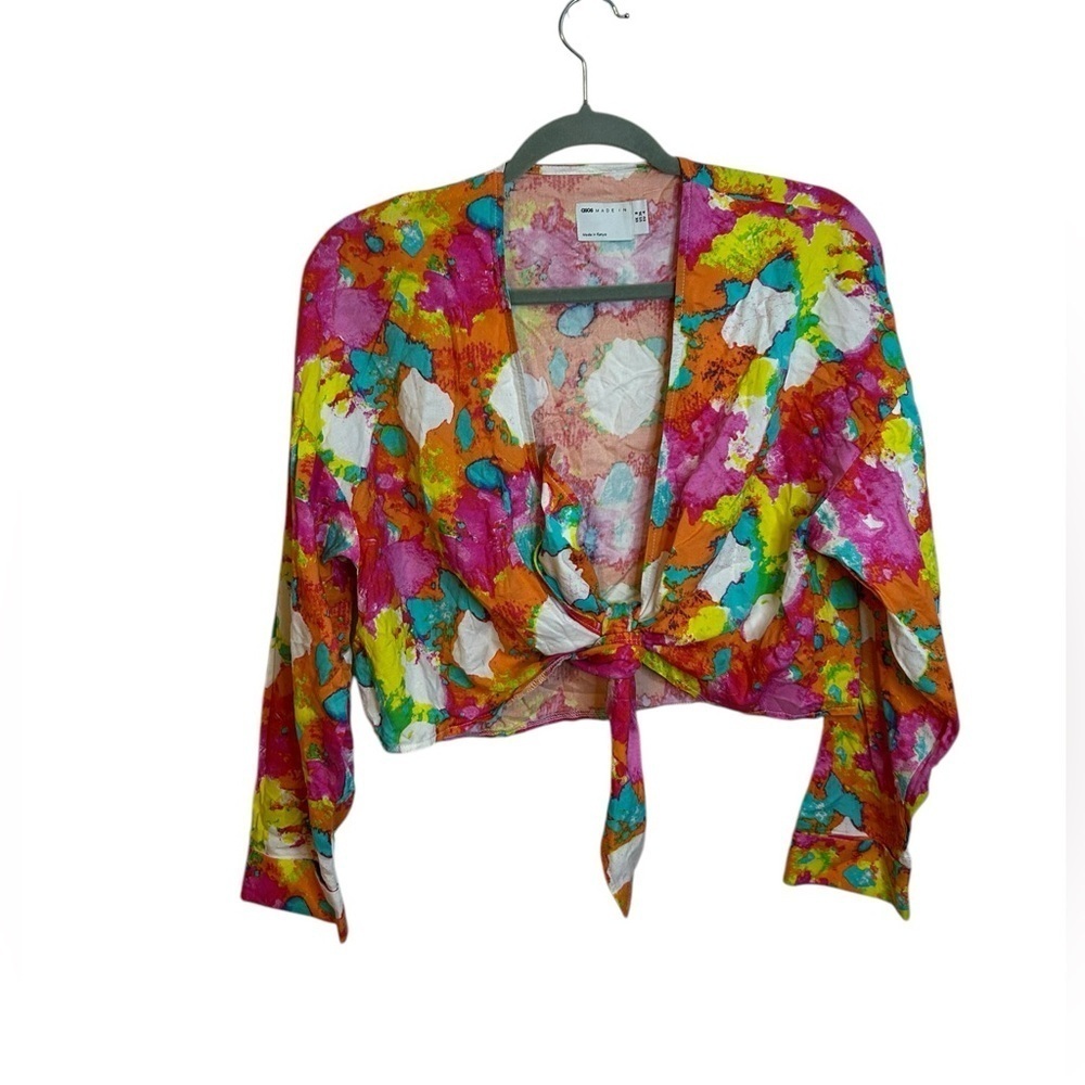 ASOS Rainbow Watercolor Tie Front Blouse